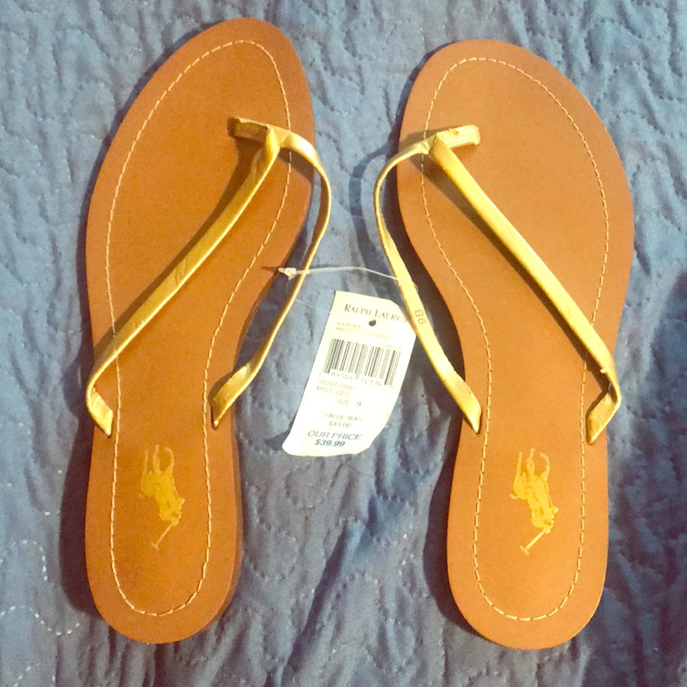 Polo/Ralph Lauren Gold/Chestnut Flip Flops(Size 9)